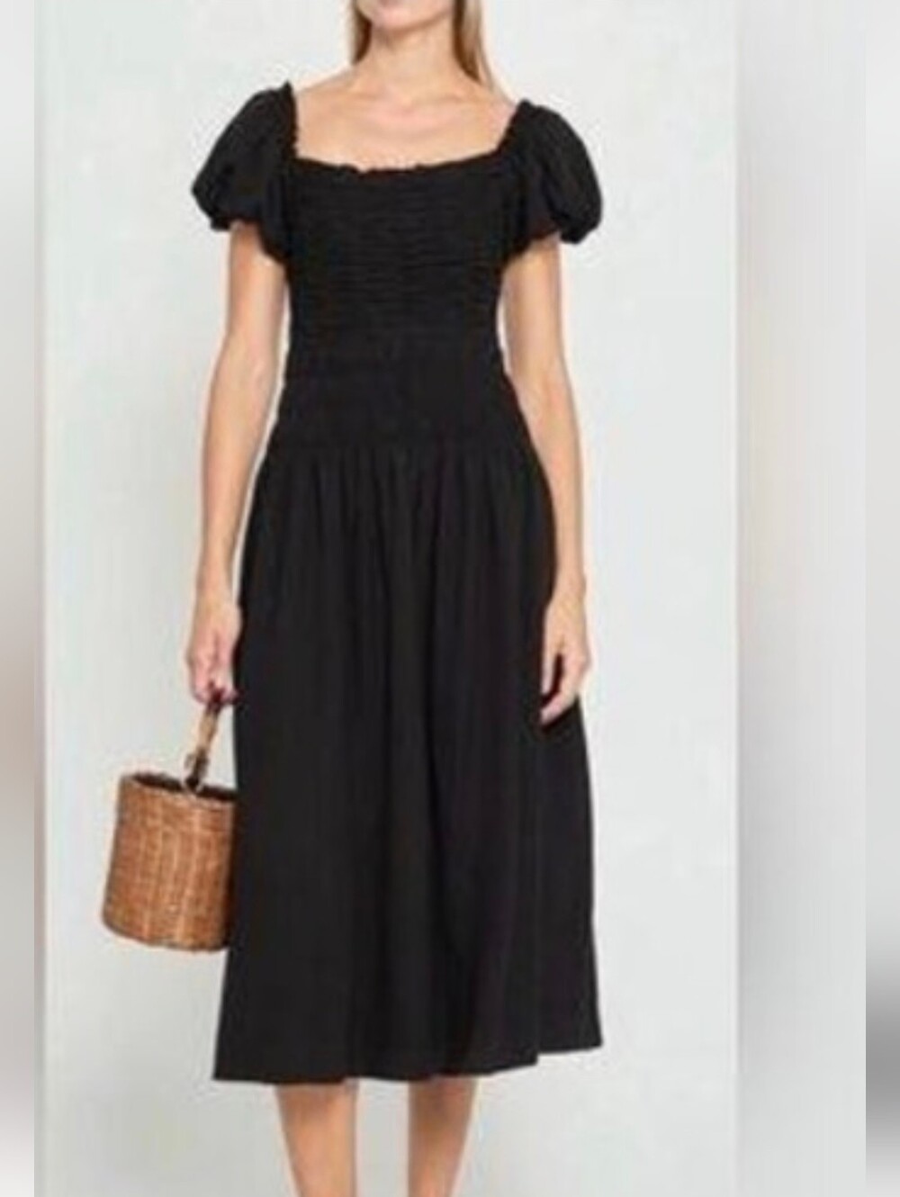Kourt Smocked Puff-Sleeve Midi Dress in Black